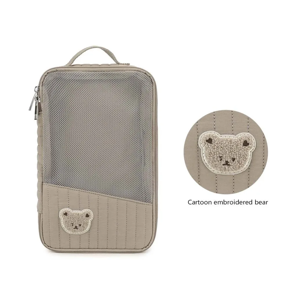 Cartoon Bear Embroidered Mesh Diaper Pouch Zippered Striped Baby Packing Cube Cotton Soft-touch Infant Care Organizer Caregiver