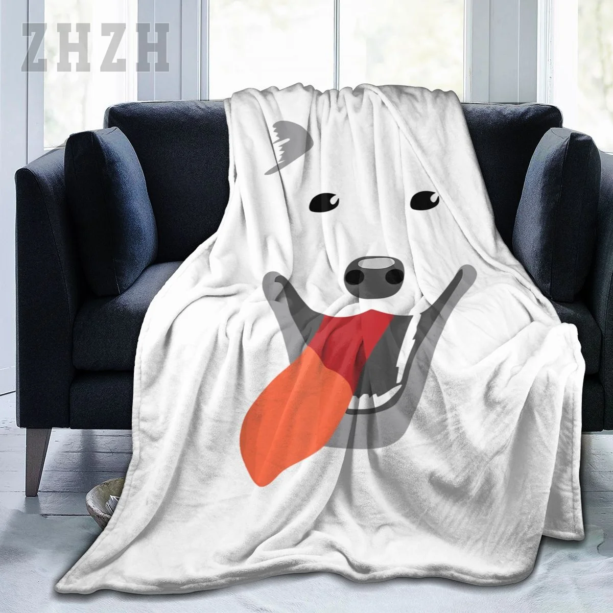 Blanket Cute Samoyed Dog Face Flannel Multifunction Outdoor Camping Sofa Cover Keep Warm