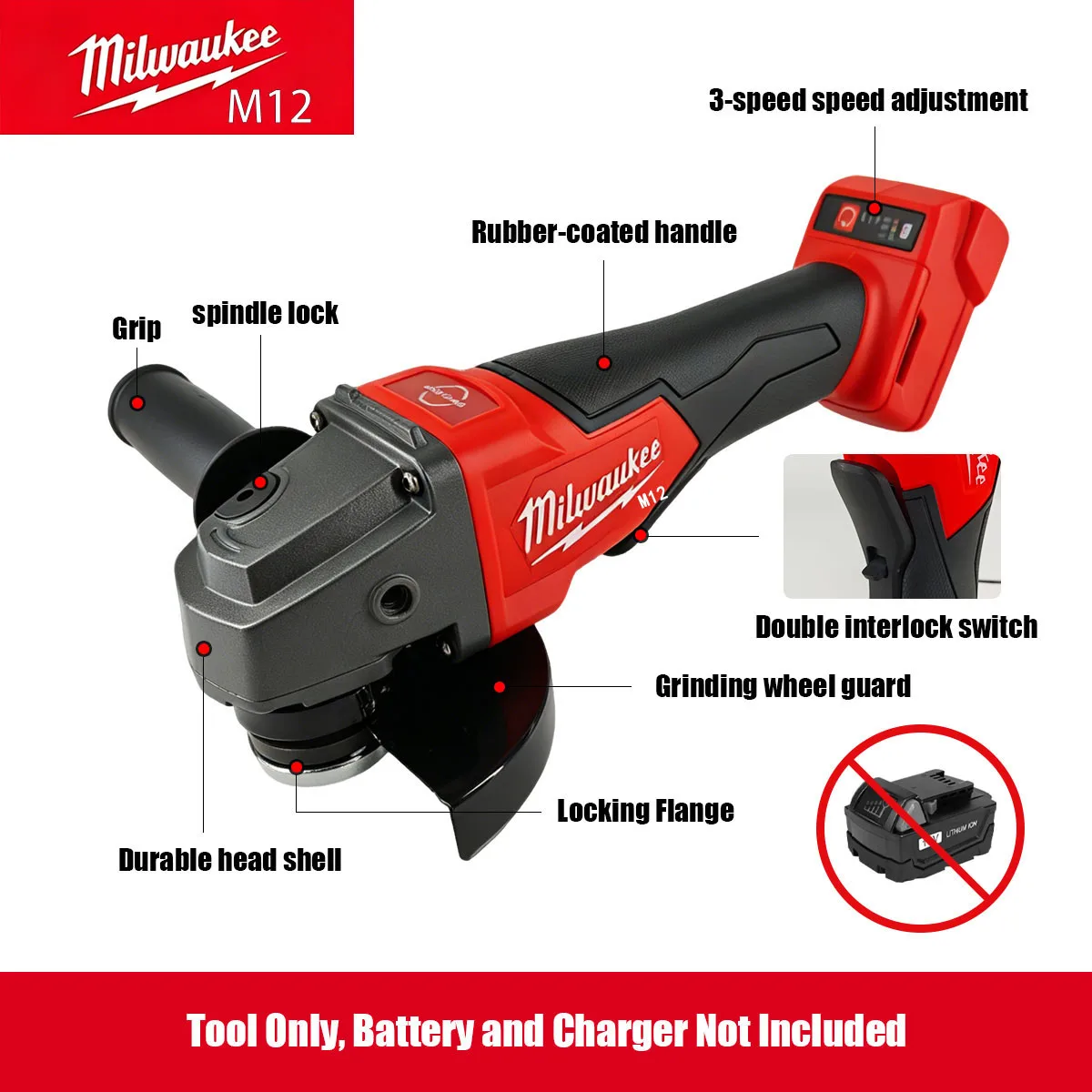 MilwaukeeM12 8500RPM 3 Gears Adjustable Speed Angle Grinder 100mm 125mm Wheel Diameter Electric Polishing Cutting Grinding Tool