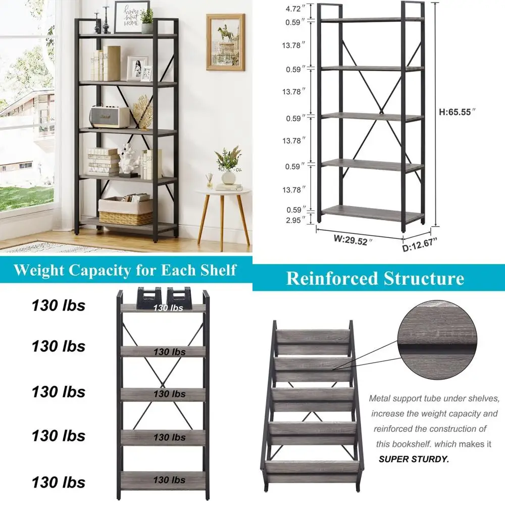

5 Tier Rustic Wood and Metal Bookshelf, Dark Gray Oak Finish, Industrial Style Shelving Unit