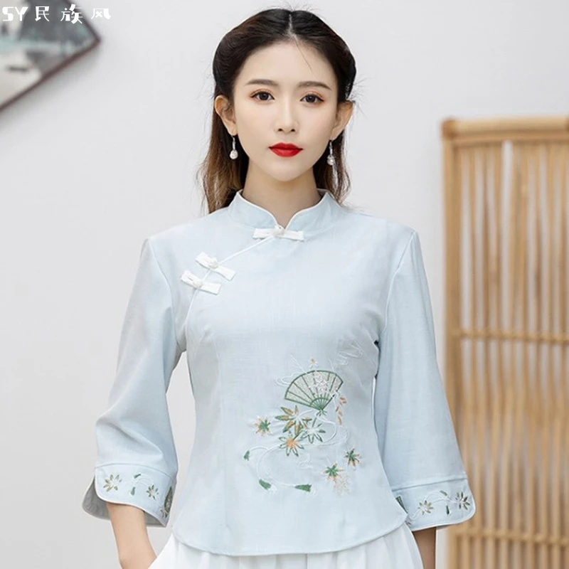 

Vintage Tang Costume Women's Spring Modified Hanfu Cheongsam Cotton Linen Top Chinese Style Embroidered Shirt Plus-size