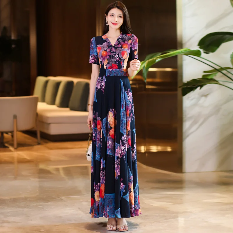 Boho Summer Chiffon Beach Maxi Dress Women Elegant V-neck Short Sleeve Flower Print Dance Evening Party Long Dress 2025 New