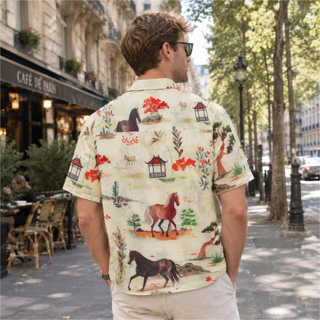 Men's Chinese Style Horse Pavilion Print Cuban Collar Short Sleeve Shirt Casual Summer Button Up Shirt Vintage Graphic Top Daily