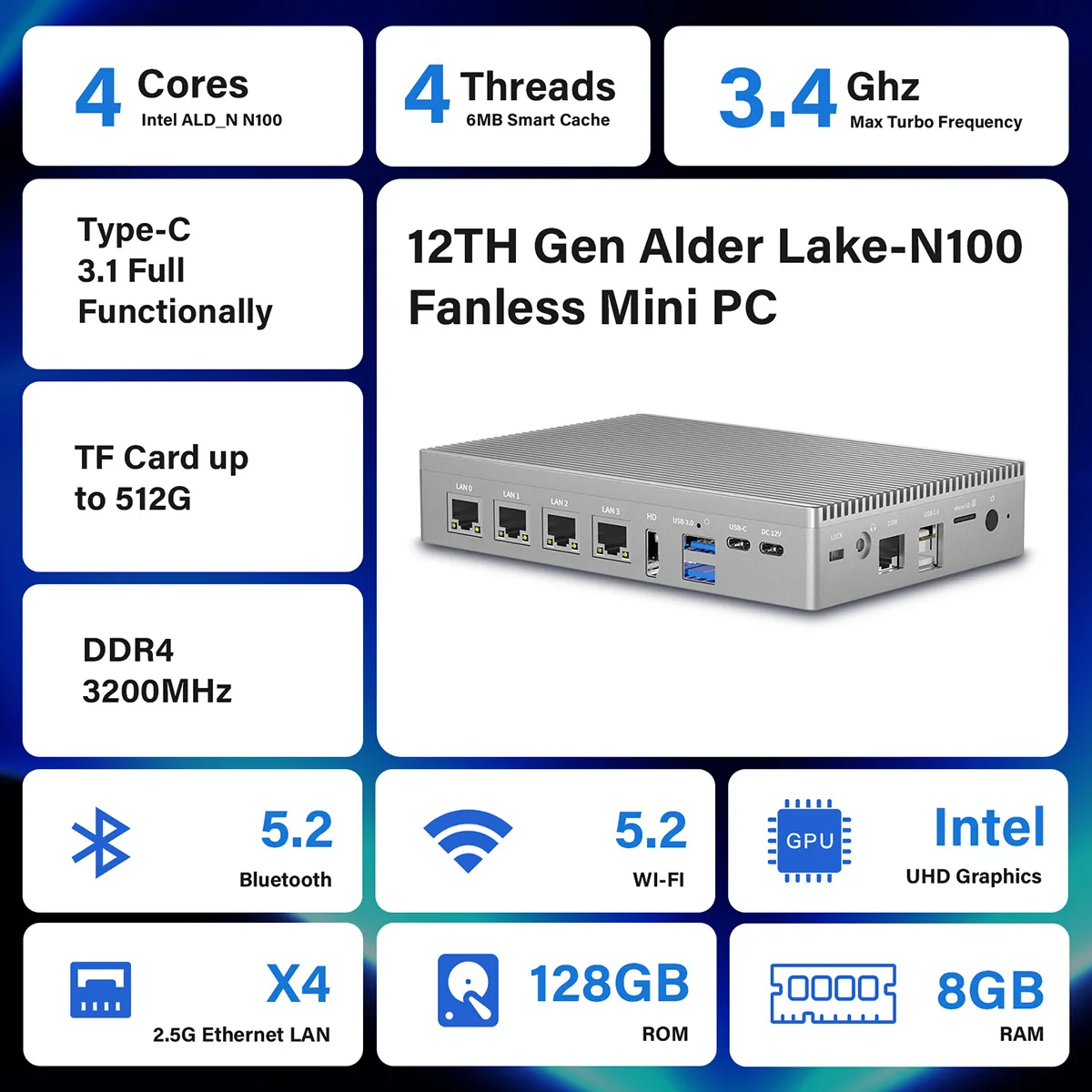 Cross-border 7-inch 4 network port 16G12 generation N100 mini computer mini pc industrial control host mini screenless host