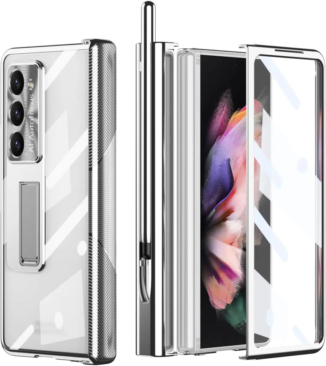 

for Samsung Galaxy Z Fold 5 Hinge Coverage Protective Case Transparent Plating PC with Pen Holder Kickstand Screen Protector