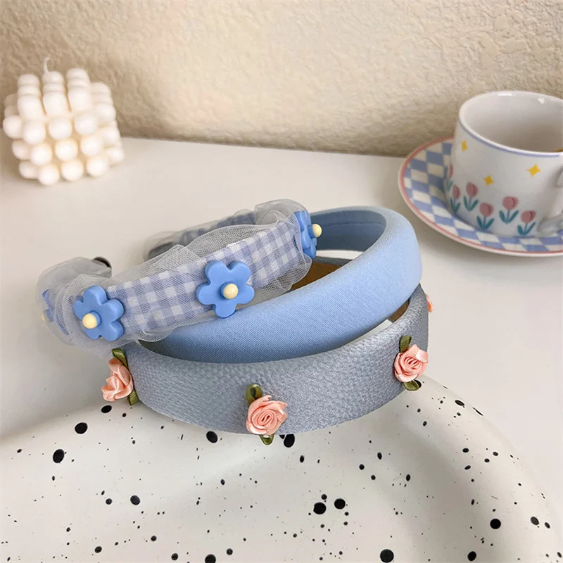 UXSL Fashion Blue Mesh Pearl Flowers Headband Women Elegant Hair Band Hair Decoration Girl Sweet Wide Hair Hoop Hair Accessories