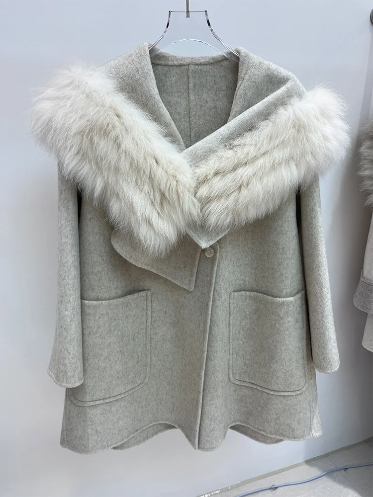

Новинка 2025 года, зимняя шерстяная куртка, женская куртка из натурального лисьего меха с воротником, толстое теплое шерстяное пальто, роскошные куртки
