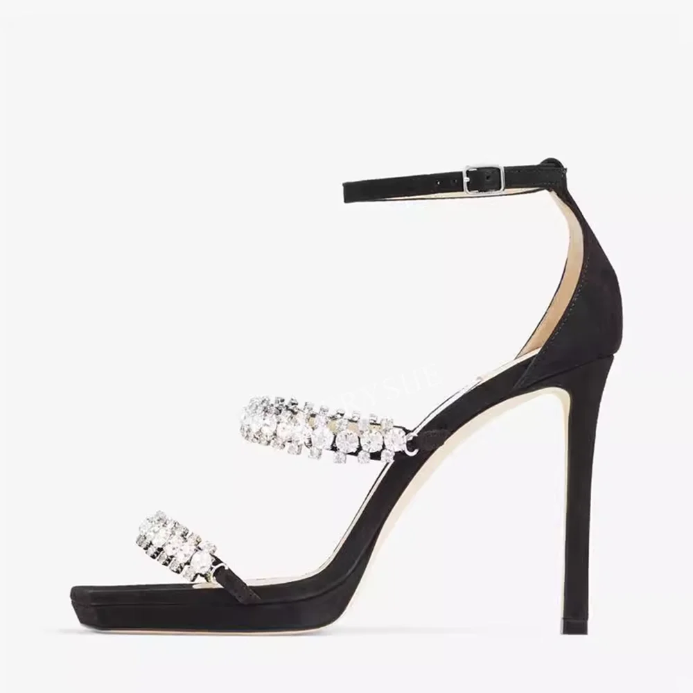 White Rhinestone Chain Sandals New Arrival Summer Solid Women Square Toe Thin High Heel Ankle Strap Buckle Simple Luxury Shoes