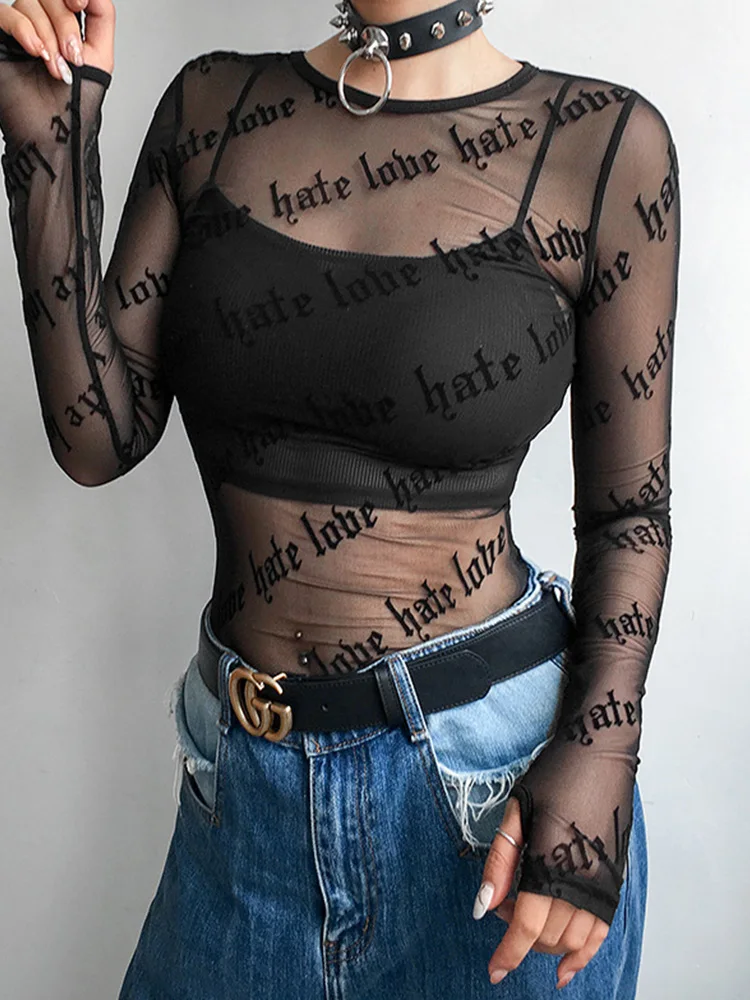 Sexy Women Mesh T-Shirts See-Through Perspective Tshirt Letter Printed O Neck Transparent Long Sleeve T Shirt Tops Women - view 2