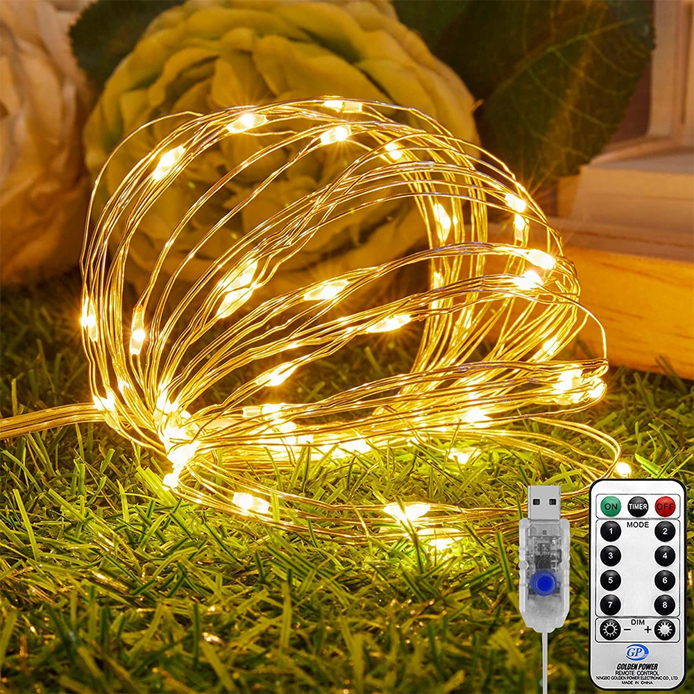 

5M/10M Copper Wire Light String 100LED Waterproof 8 Functions Remote Control Timing Lights Home Holiday Party Wedding Decoration