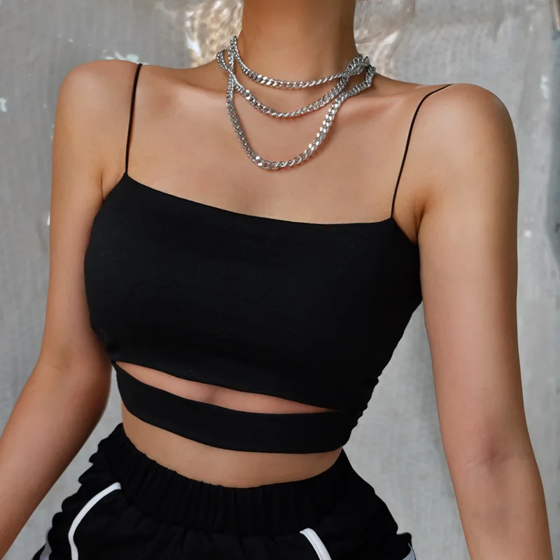 2025 new fashionable and sexy women's summer casual sleeveless hollow short T-shirt with exposed navel vest suspender