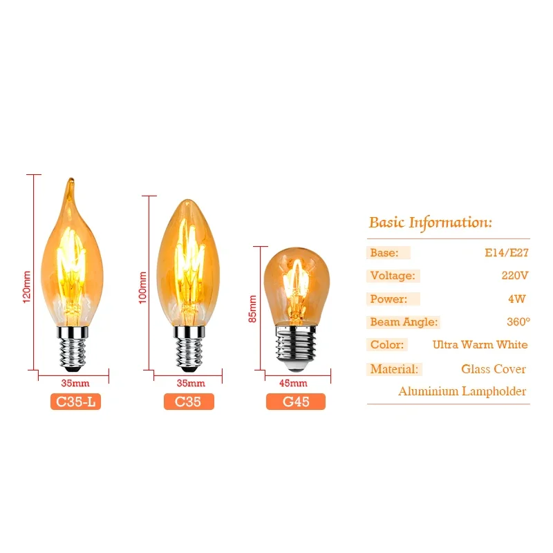 6 teile/los retro edison led spirale filament birne e27 e14 lampe 220v 4w a60 c35 st64 t225 g80 g95 glas birne vintage kerzenlicht