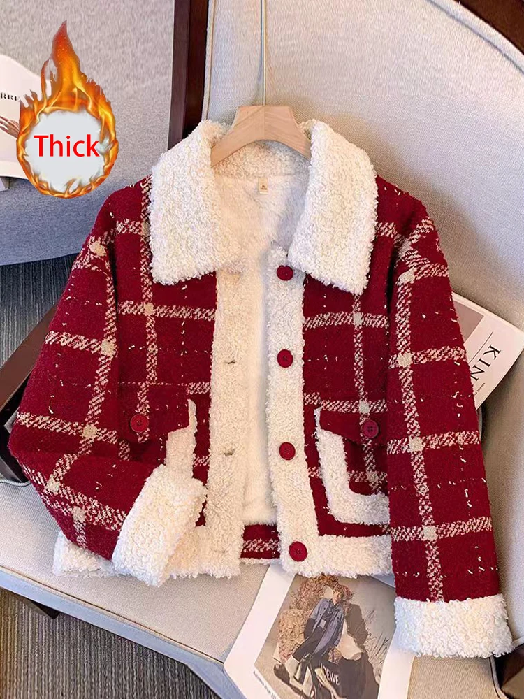

Christmas Red Plaid Coat Women Sweet Faux Lamb Cute Retro Jacket Winter Warm Female Korean Casual Long Sleeve Pockets Tops New