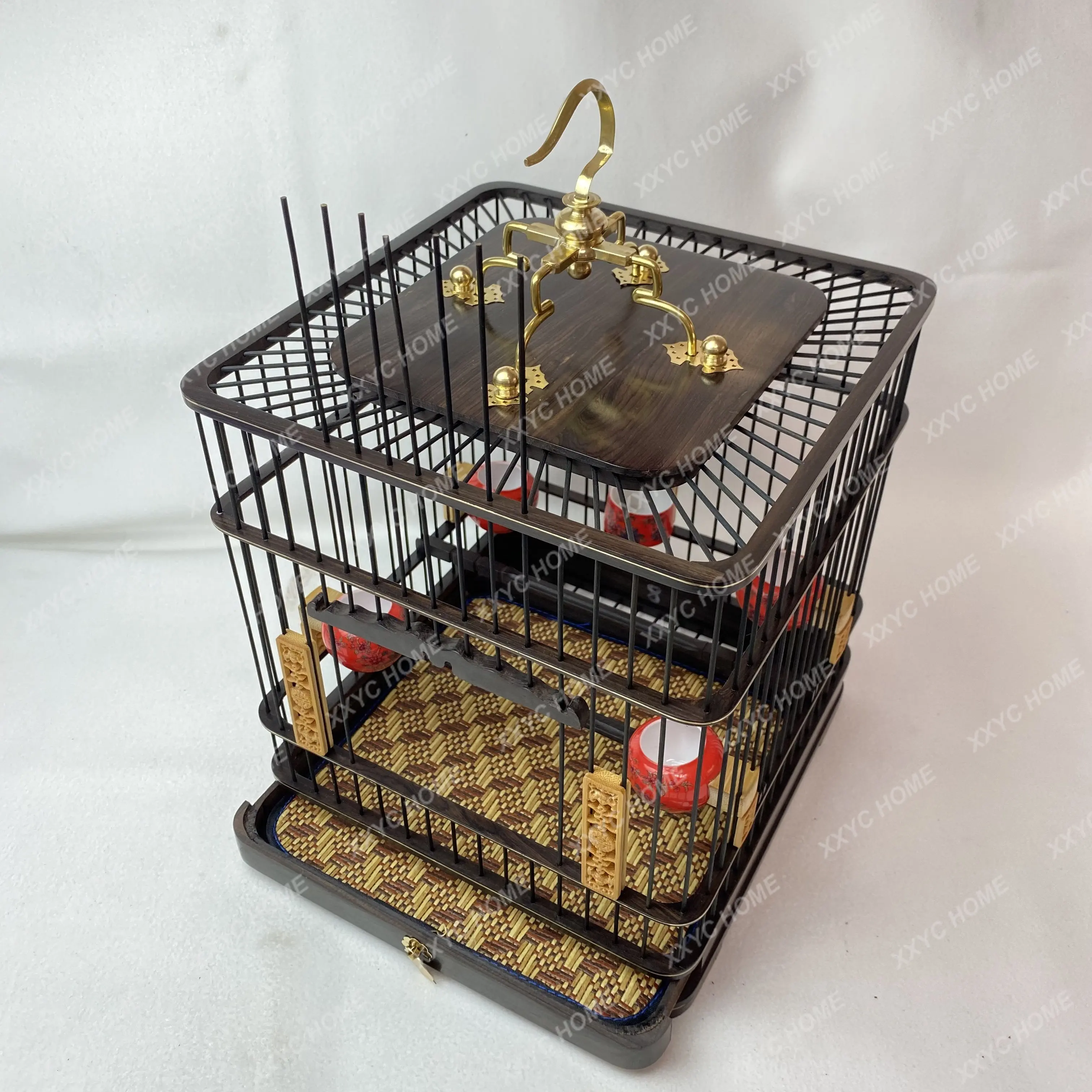 Handmade High-Grade Square Rosewood Ebony Yellow Rosewood Red Seed Quilt White Eye Jade Bird Square Cage Drawer Cage