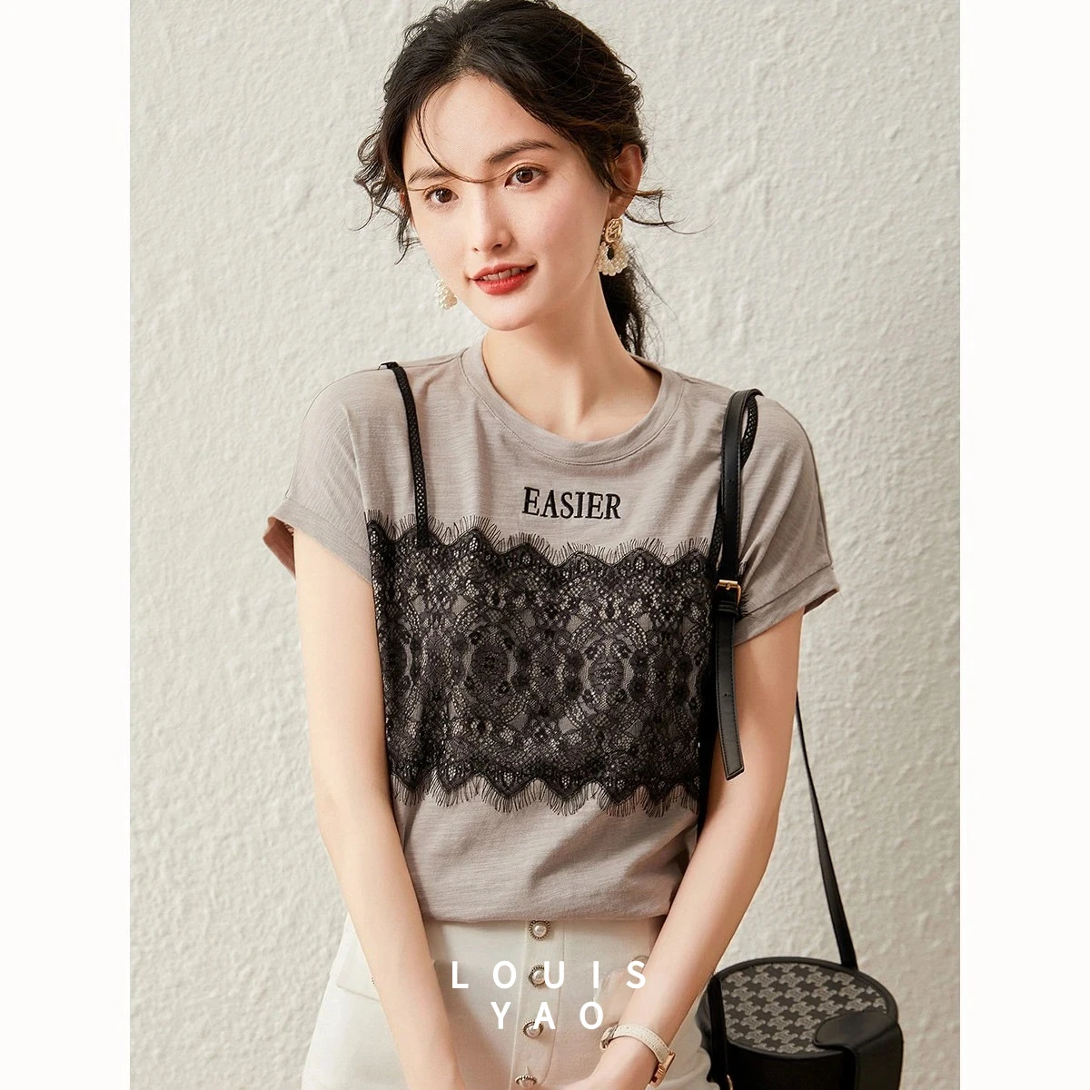 

LOUISYAO Fake Two Piece Women's T-shirt 2025 Summer Stylish 100% Cotton Tee Round Neck Spliced Lace Short Sleeve Tops