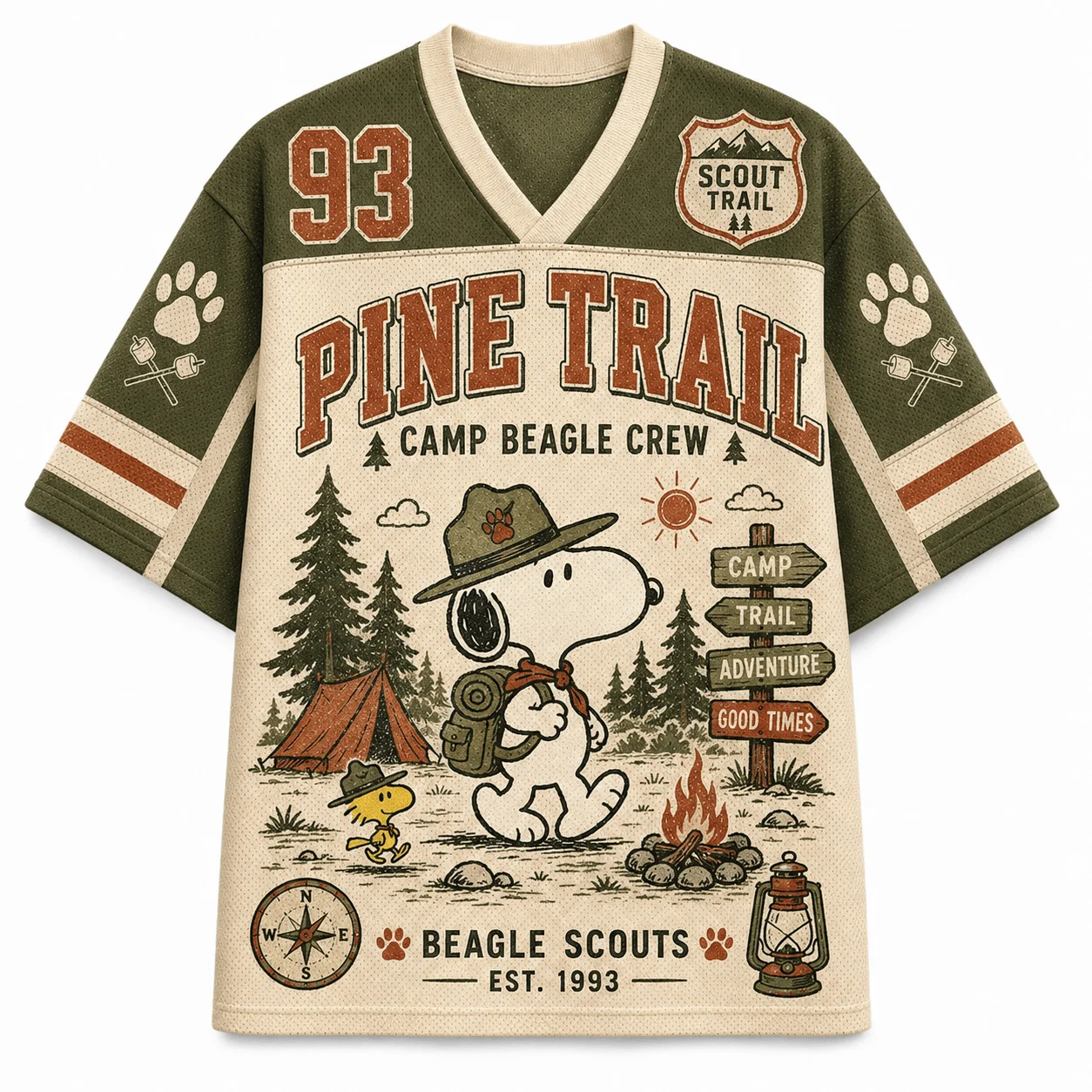Snoopy Peanuts Comics Pine Trail Camping Theme Mesh V-neck Shirt Unisex Retro Outdoor Camping Cartoon Illustration