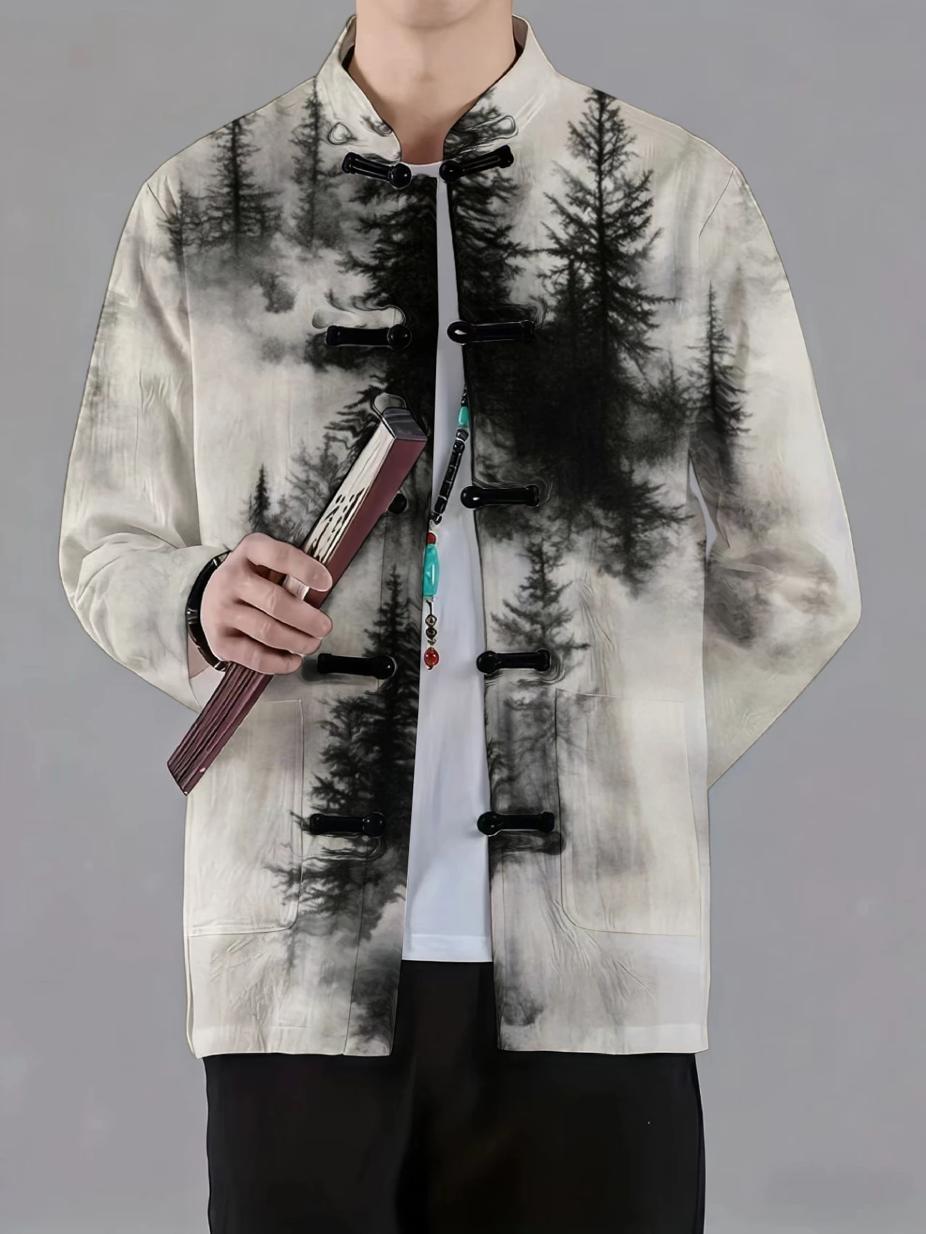 Men Mandarin Collar Frog Button Long Sleeve Jacket Chinese Dragon Ink Forest Steed Mountain Landscape Print Casual Traditional O