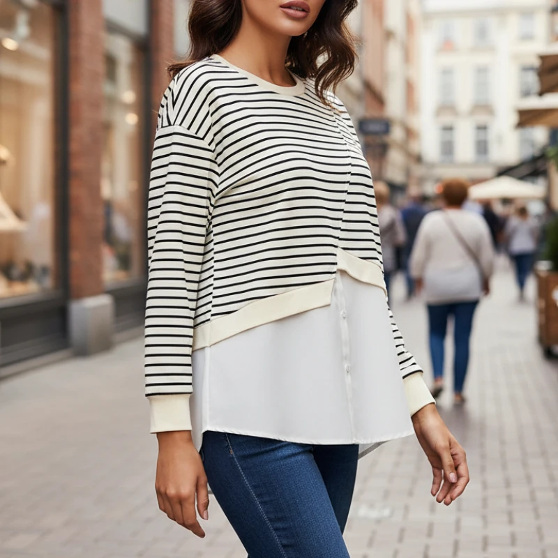 ZANZEA Damskie Bluzy w Paski z Asymetrycznym Szyciem, Wiosna 2026, Casualowe Bluzy z Okrągłym Dekoltem i Długim Rękawem, Rozmiary S-3XL