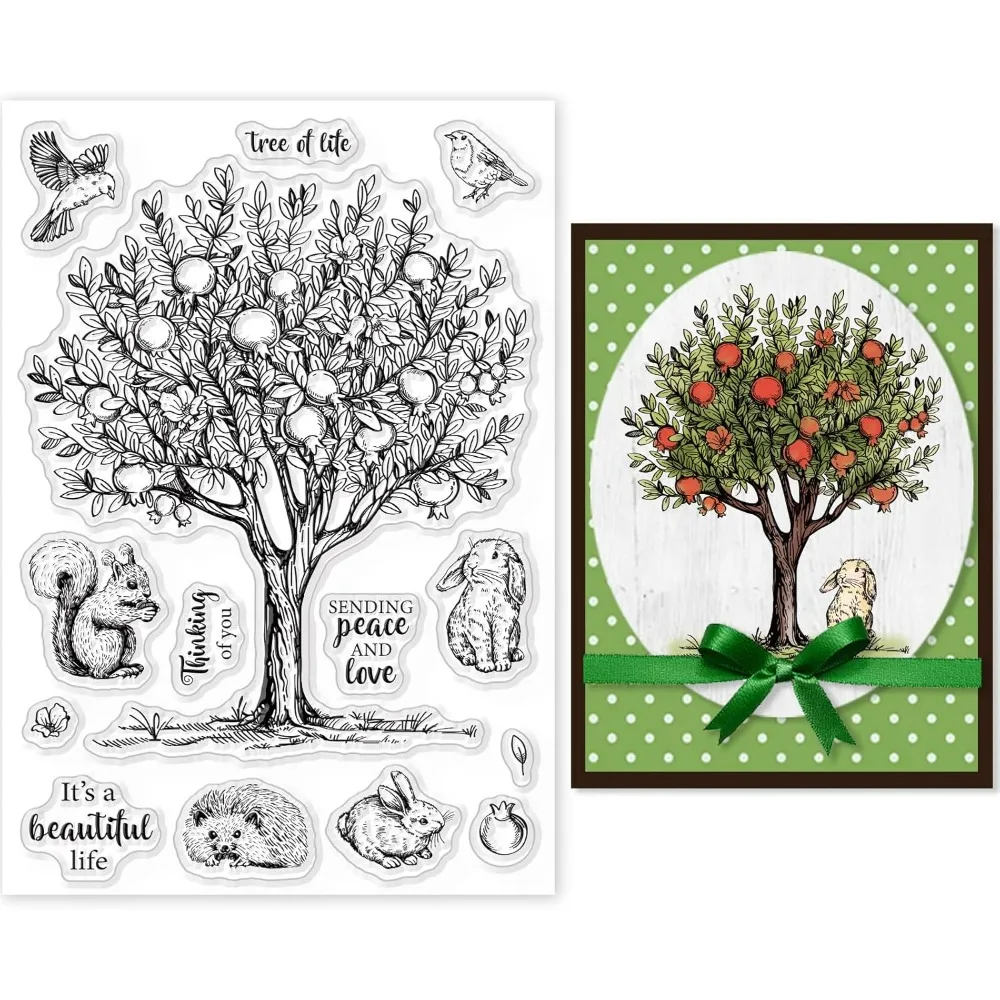 Pomegranate Tree Clear Stamp Squirrel Rabbit Hedgehog Silicone Stamp Birds Leaves Wishes Words Transparent Stamp for Card