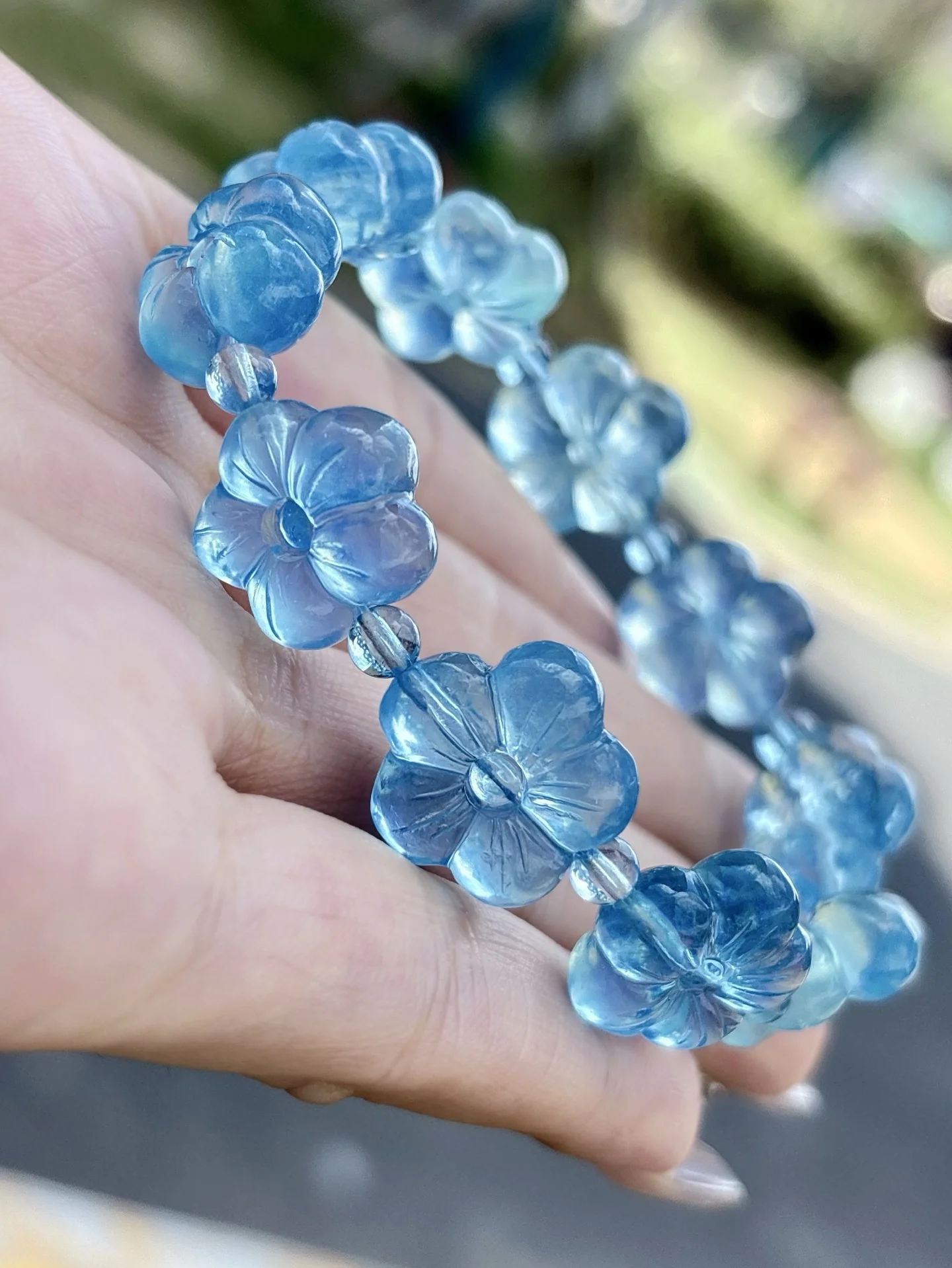 

Natural Blue Aquamarine Flower Beads Bracelet 16mm Flash Light Women Men Gift Fashion Brazil Blue Aquamarine Jewelry AAAAA