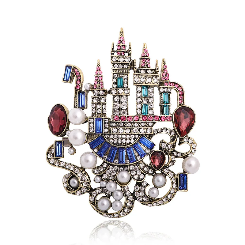 Sparking Big Rhinestone Castle Brooches For Women Unisex Designer 3-color Vintage Romantic Palace Party Banquet Brooch Pin Gifts