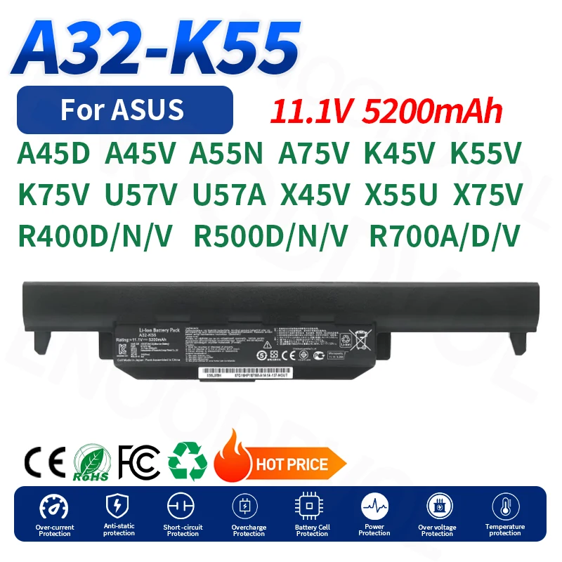 A32-K55 11.1V 5200mAh Replacement Laptop Battery for ASUS A45D A55N A75D A75V K45V K55V K75V R400 R500 R700V U57V X45V X55U X75V