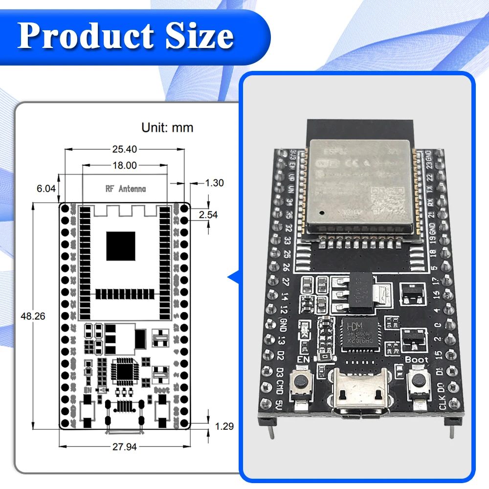ESP32-32D Development Board with GPIO Expansion Board Kit ESP32-32D BT Wifi Module USB Type-C 38PIN CP2102 ESP32-DevKitC view 3