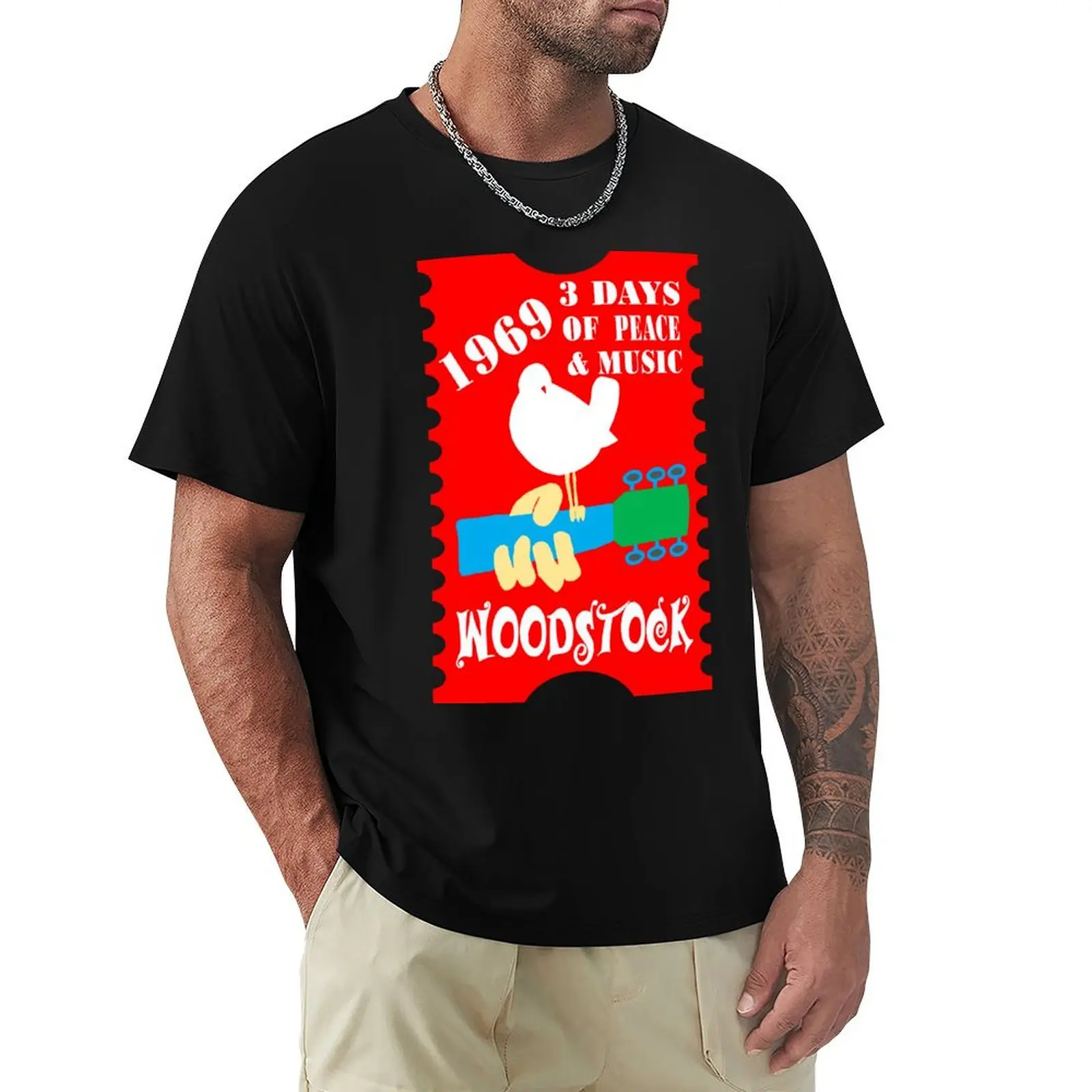 

Woodstock 3 days of Peace & Music 1969 Red Retro Vintage Ticket T-Shirt Art Pattern Printed Casual Top