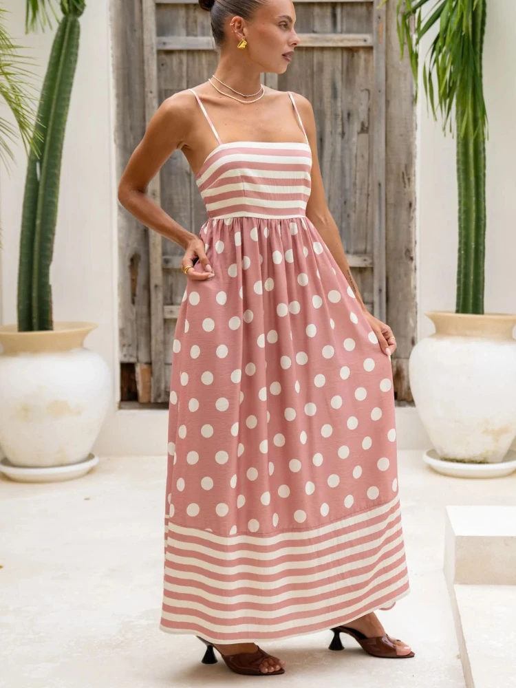 2025 Summer Fashion New Women's Elegant Printed Strap A-line Dress Strap Sexy Big Swing High Waist Bareback Dress