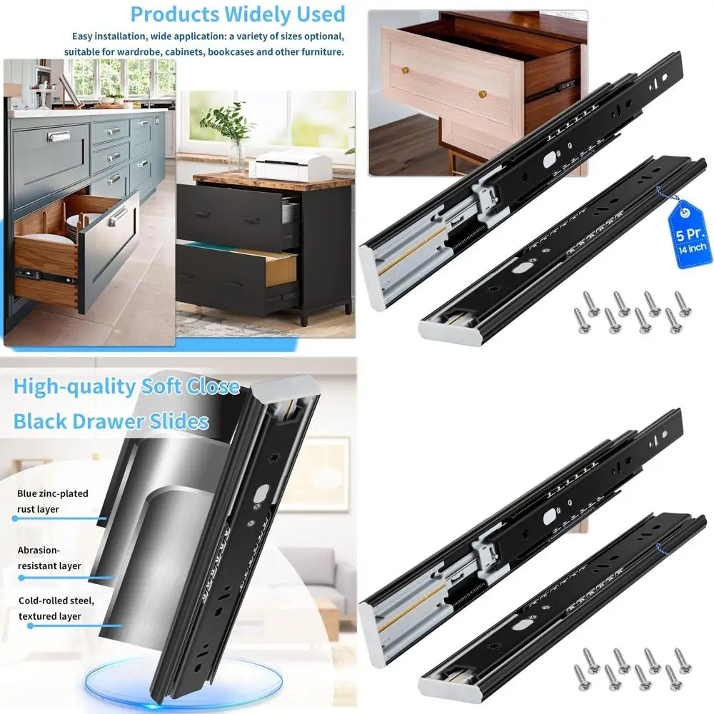 

Kitchen Cabinet Slides with Side Mount Rails, 5 Pairs, 12-24 Inch Extension, 100 LB Capacity