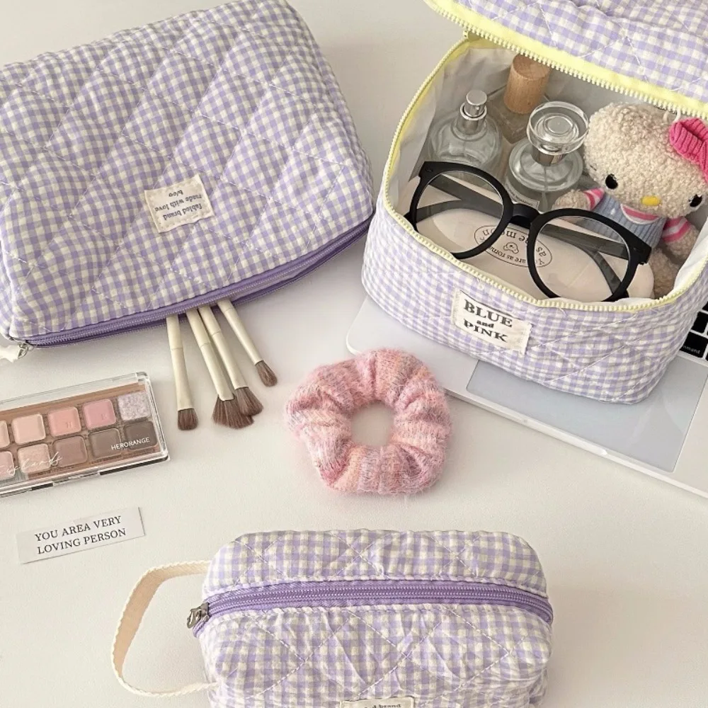 Simple Solid Color Plaid Women\'s Cosmetic Bag Fashion Sweet Soft Fabric Ladies Storage Bags Large Capacity Female Clutch Handbag