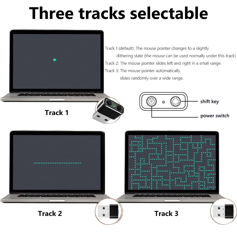 Mouse Jiggler 3 Track Mode Adjustable Mini Automatic Mouse Jiggler Mover Undetectable Plug and Play Indicator Light for Computer