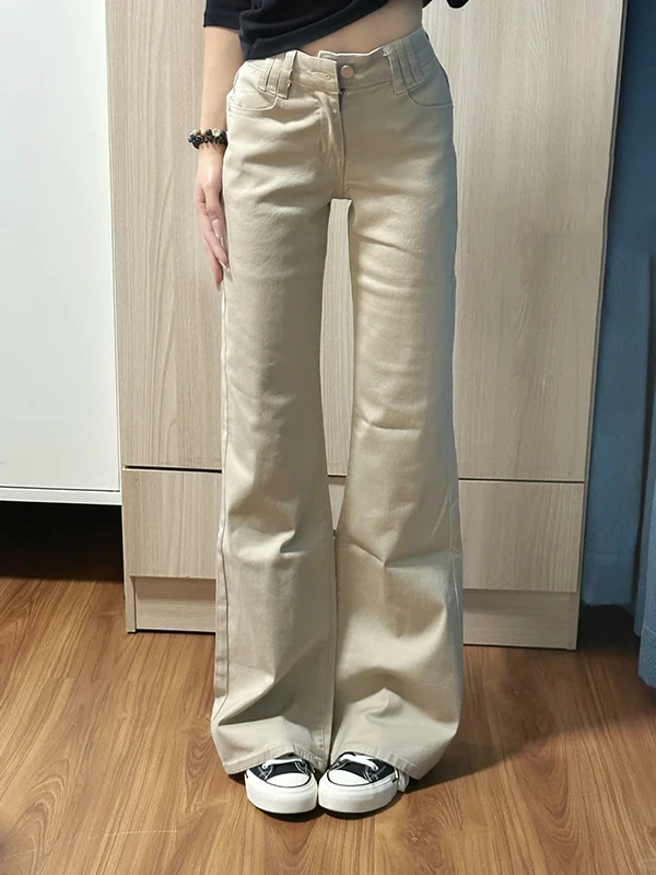 

Retro American Khaki Flared Fleece Lined Women's Jeans Thick Warm Slimming Loose Wide Leg Pants Spring Season Fashion