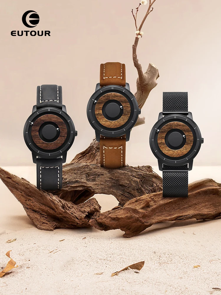 EUTOUR-reloj de cuarzo con esfera de madera magnética Original para hombre, cronógrafo sencillo de acero inoxidable con correa de cuero, informal, a