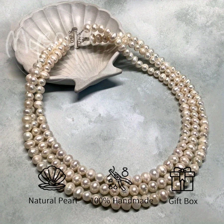 

Ожерелье из пресноводного жемчуга Mysoya Ivory, тройной ряд, 7-8 мм, подарочная коробка для него и для нее на дни рождения, свадьбы и День святого Валентина