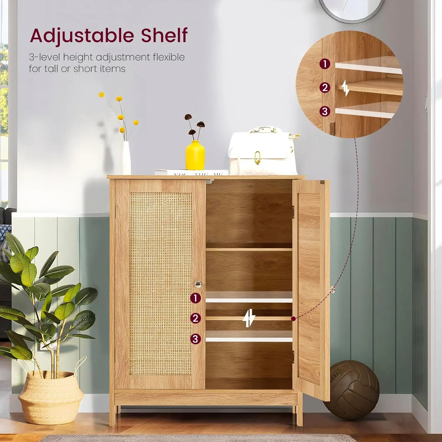 Iwell Storage Cabinet, Rattan Cabinet with Adjustable Shelf, Floor Storage Cabinet, Bathroom Storage Cabinet, for Living Room