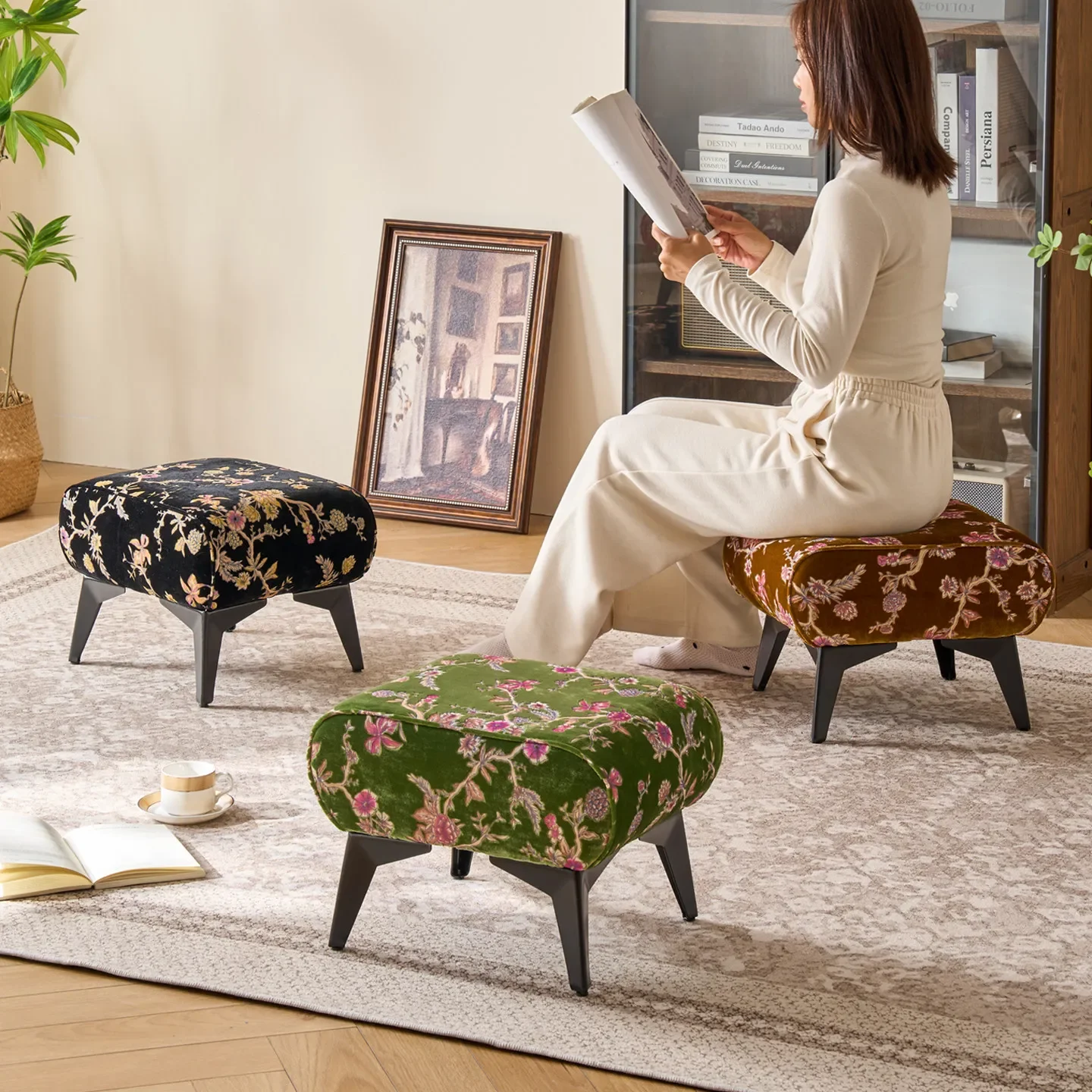 New Chinese retro stool light luxury living room sofa stool home shoe change stool bedroom fabric seat