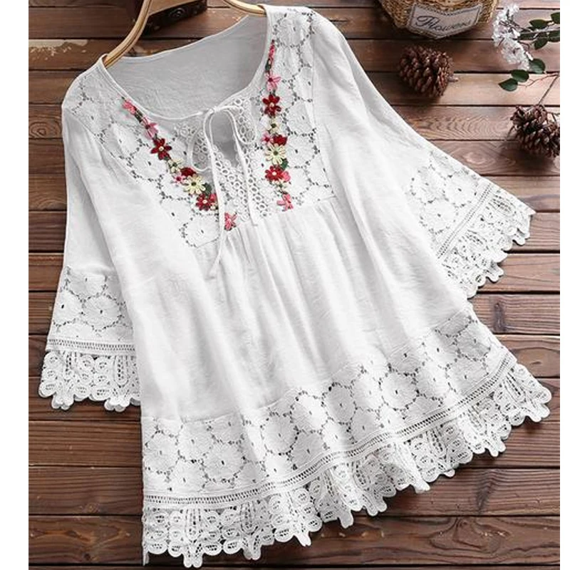 New Lace Patchwork Blouse Elegant Women Fashion Summer Short Sleeve Loose Lace-up Shirt Casual Office Simple Hollow Out Tops