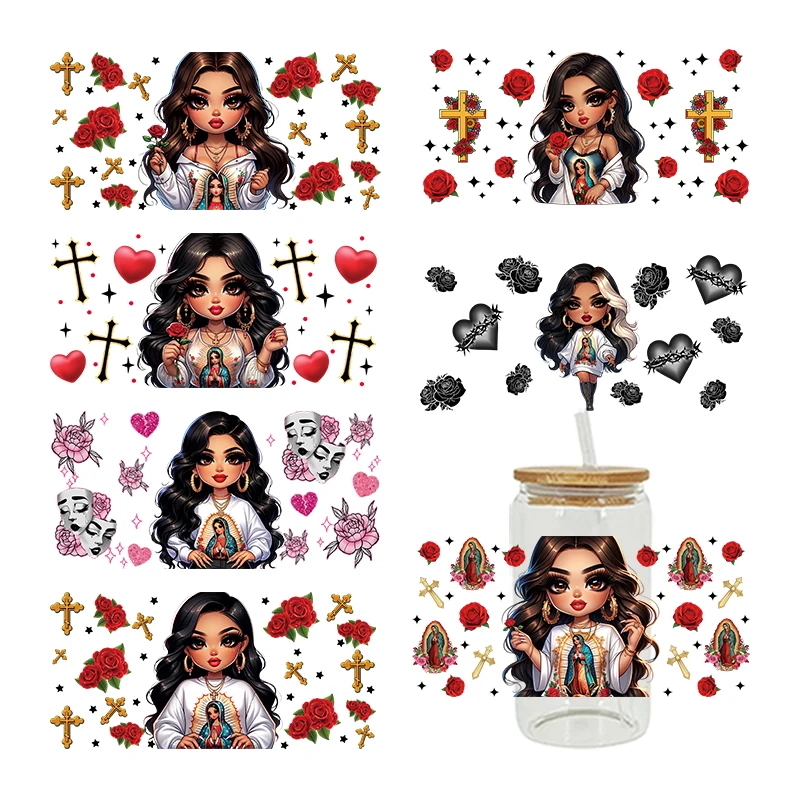 Cartoon Girl 3D UV DTF Transfer Stickers Libbey Cup Wrap Iron per vetro 16oz D14879