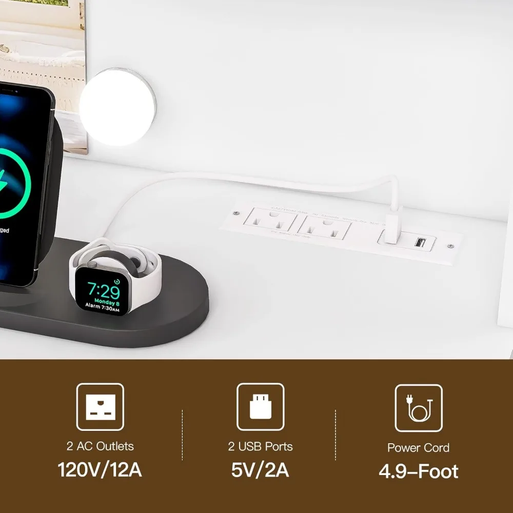 Meja Rias 42,1" dengan Cermin dan Lampu, Meja Rias Rias dengan 7 Laci, 4 Rak, 5 Kait Permata & Strip Daya, Set Meja Rias