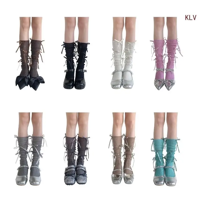 

Women Sweet Ribbon Bowknot Loose Slouch Long Socks Stockings Japanese Glittering Rib Knitted Over the Calf Socks