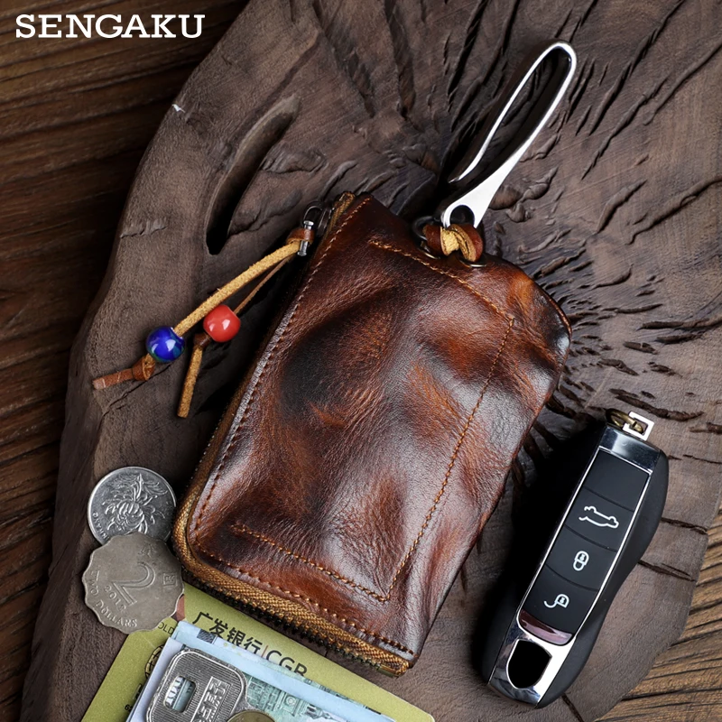 

Top Cowhide Car Key Bags Men Women Vintage Zipper Coin Purse Genuine Leather Wallet Card Holde ‌Housekeeper Home Organizer