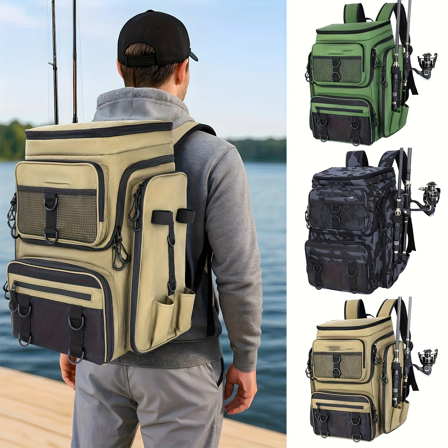 42L Multifunktionale Angeltasche, Große Angelruten-Tasche, Angel-Aufbewahrungsrucksack, Angelzubehör-Rucksack – Detail 1