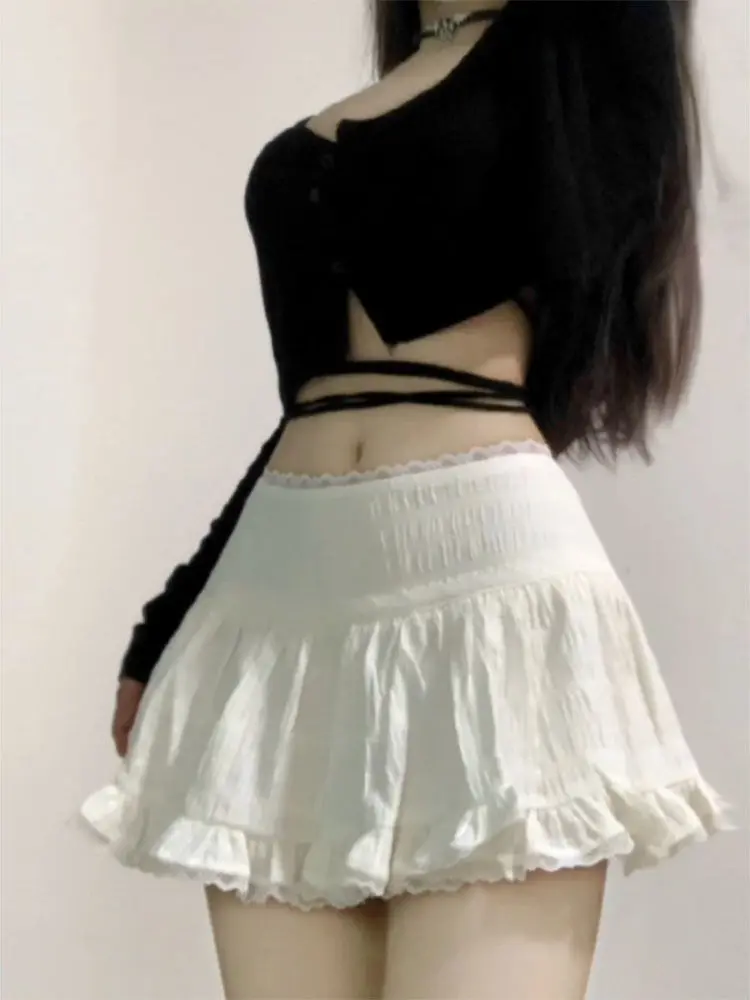 Biała koronkowa spódnica damska letnia baletowa z wysokim stanem, rozkloszowana, puszysta, codzienna, antystatyczna, z podszewką, jednolita.