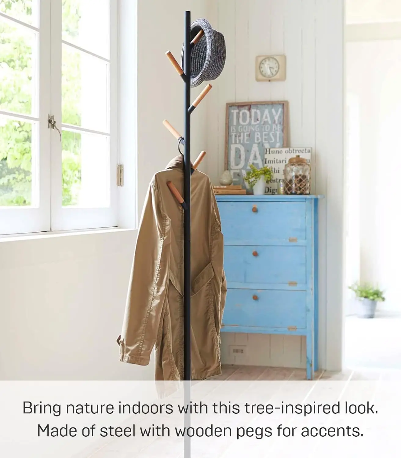 Perchero independiente liso para el hogar con ganchos de madera, ahorro de espacio, 70" - Acero