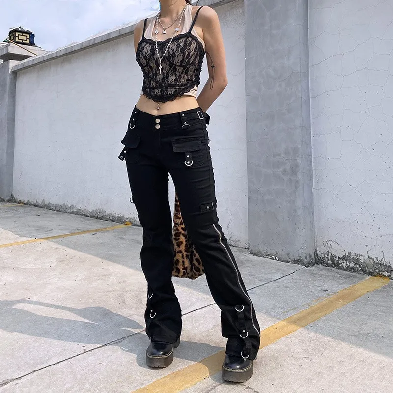 Dunkler Punk y2k Grunge niedrige Taille Emo Jeans Einkaufs zentrum Gothic Frauen schwarz Patchwork Elektro hose Mode Streetwear Alt Kleidung