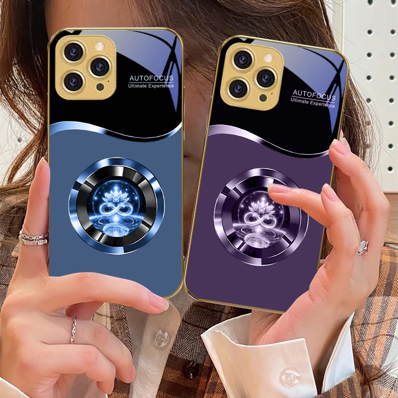 

Circle Golden Lotus For IPhone 16 16Pro Max 15 P ro 14 13 Plus 12 Mini 11Pro Max XS Max XR Golden tempered glass phone case