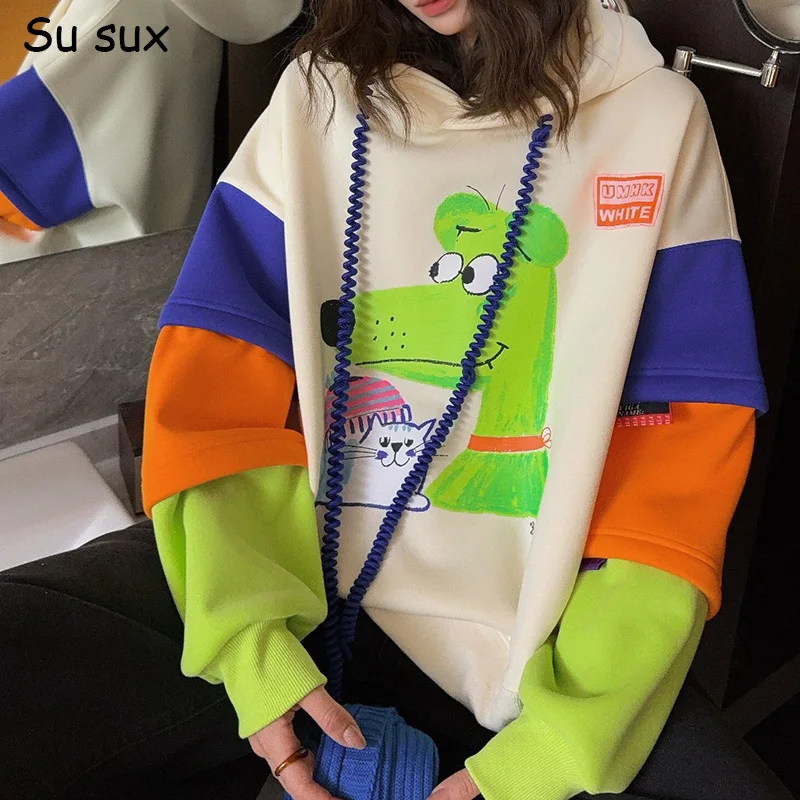 

Cute Cartoon Print Multicolour Patchwork Hoodies Sweatshirts Woman Fleece Y2k Tops Clothes Casual Fleece Pullovers Outwears