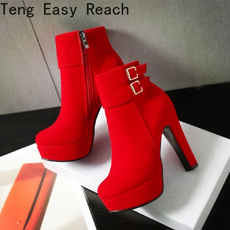 Fashion Women Ankle Boots Round Head Platform High Heel Boots  Pumps Female Sexy Stiletto Zipper Stretch Fabrics Boots Black Red