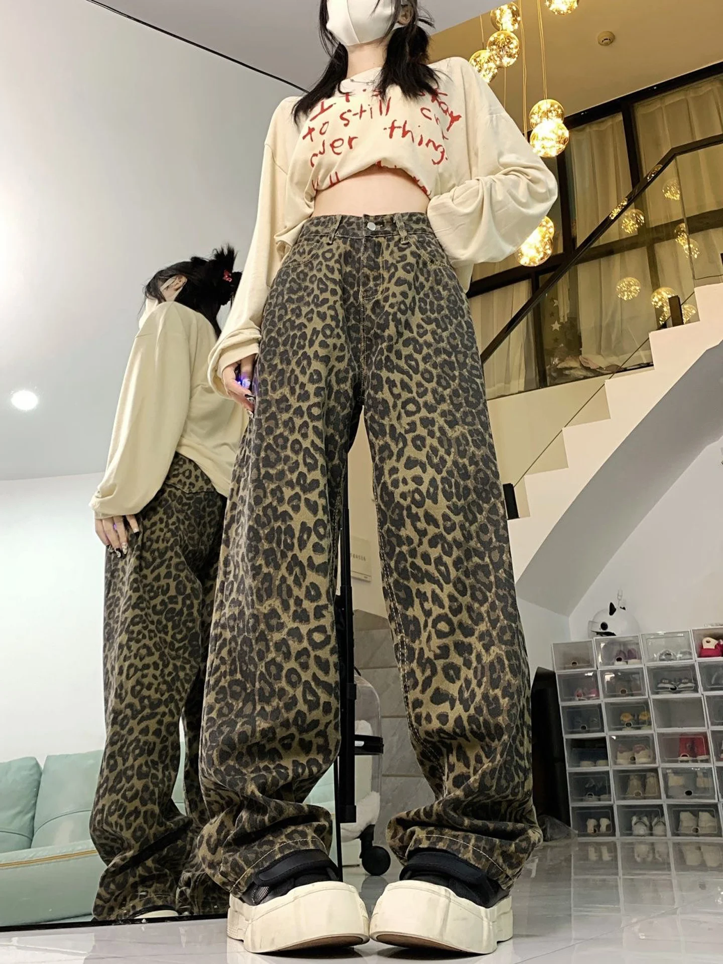 American Style High Waist Leopard Print Loose Straight Leg Jeans Women's Autumn New Fashion Design Slimming Wide Leg Pants